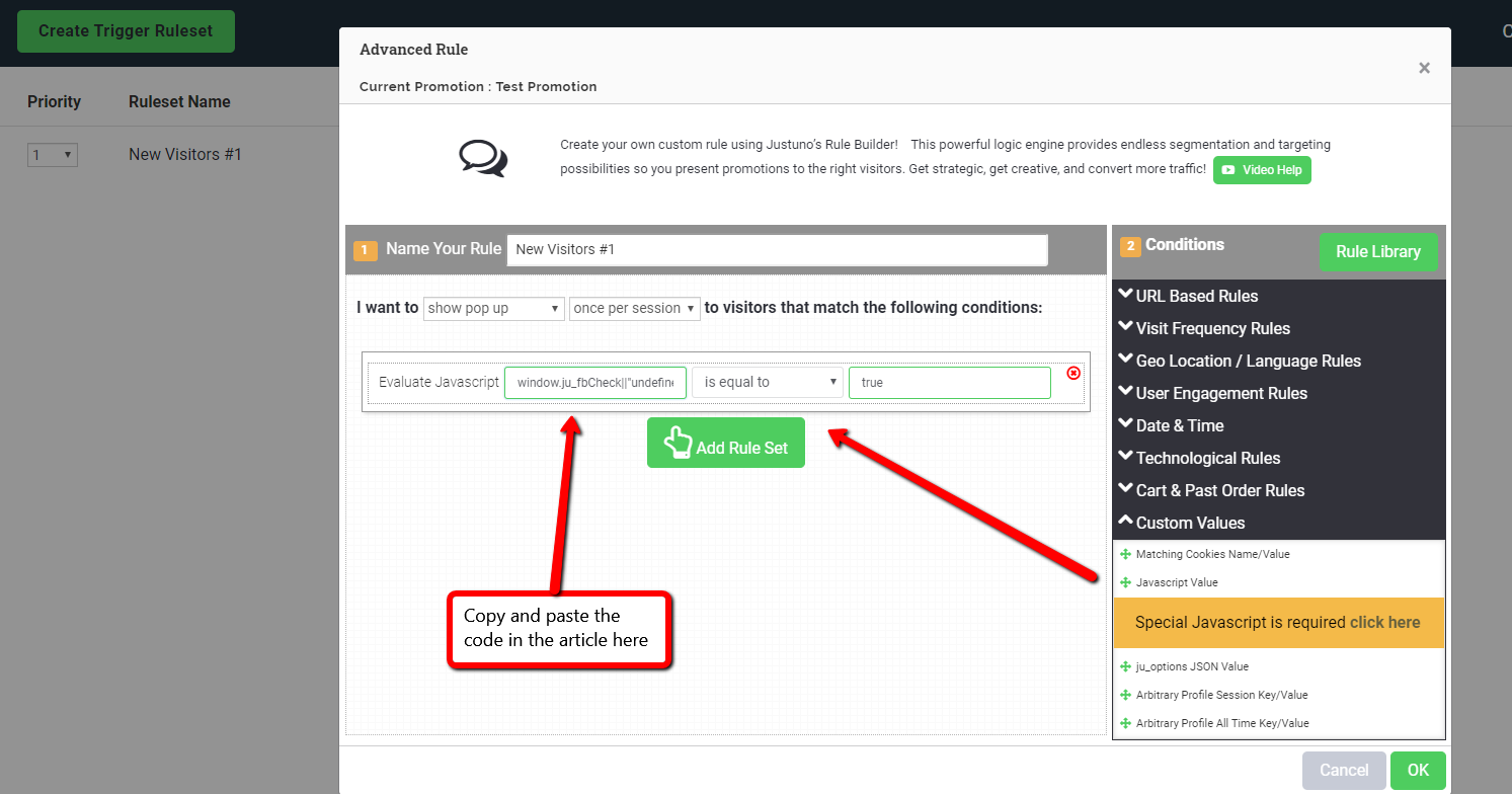 Advanced Ruleset: targets area to paste article code for Javascript evaluation
