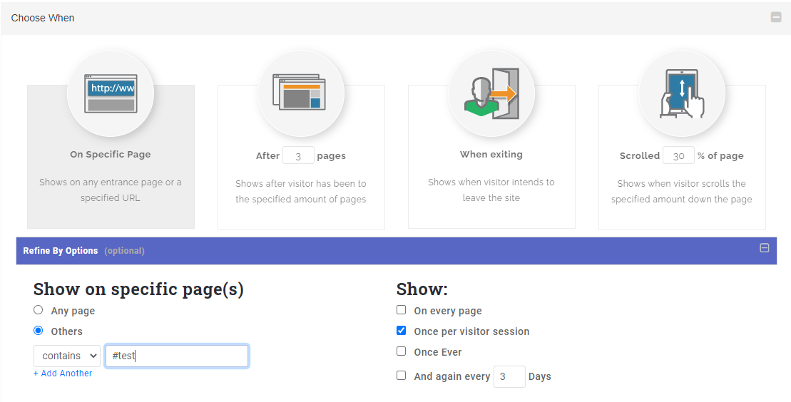 Show on specific page contains #test