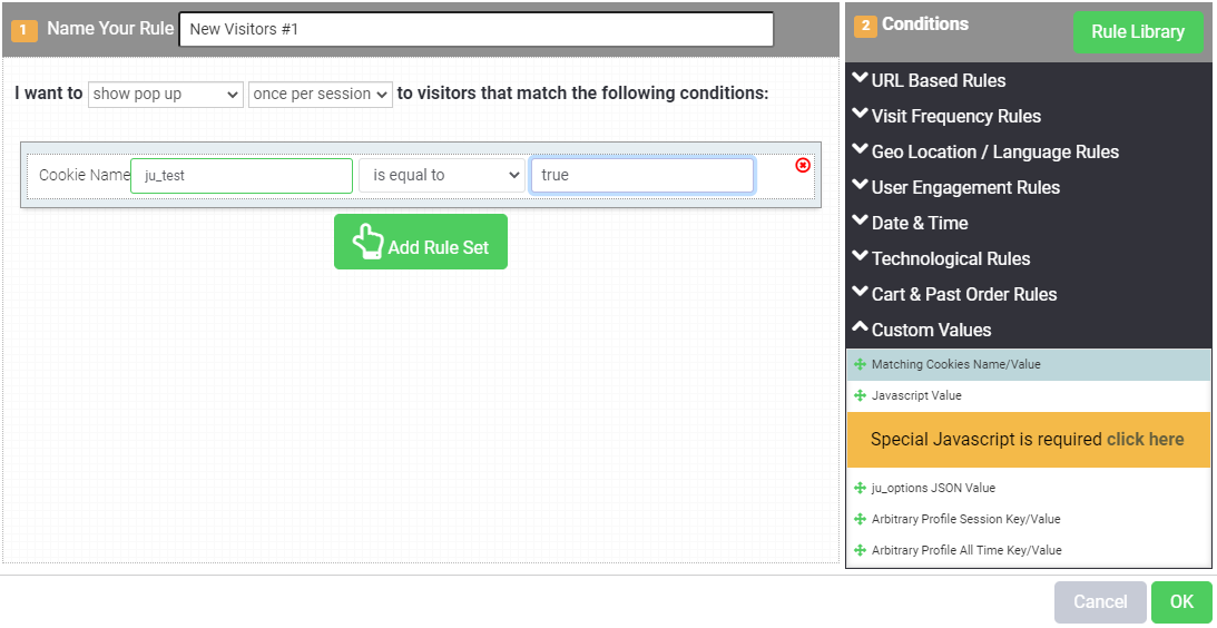 justuno cookie rule to test