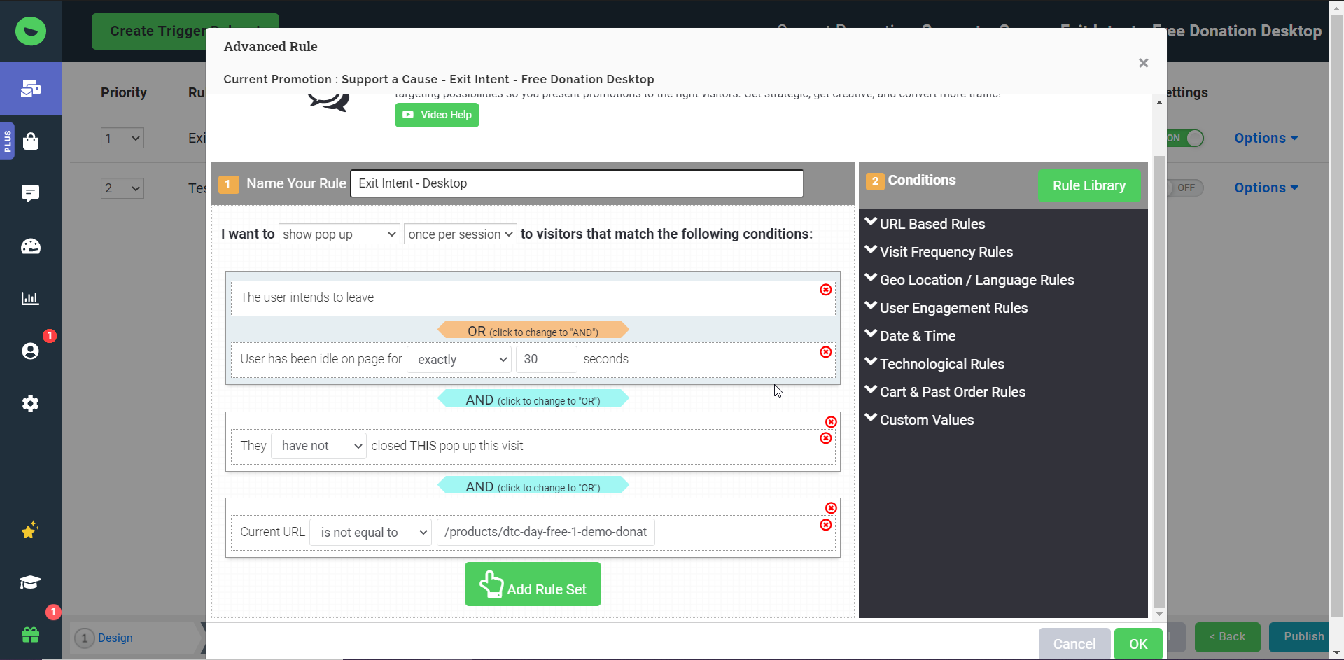 Justuno Exit Intent Rules