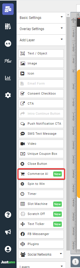 Commerce AI option on the Design Cavas