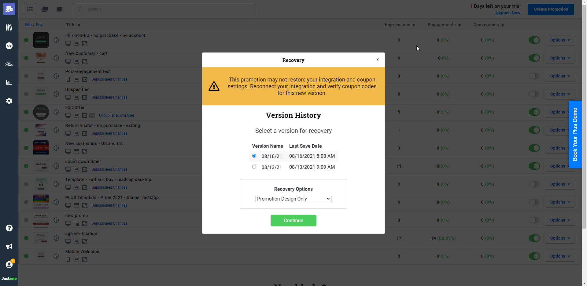 Version History for a promotion