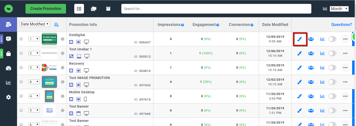 Justuno Dashbaord: Promotions Area