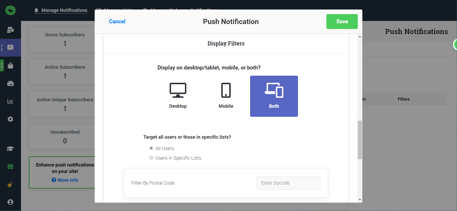 Push Notification Modal: Display Filters