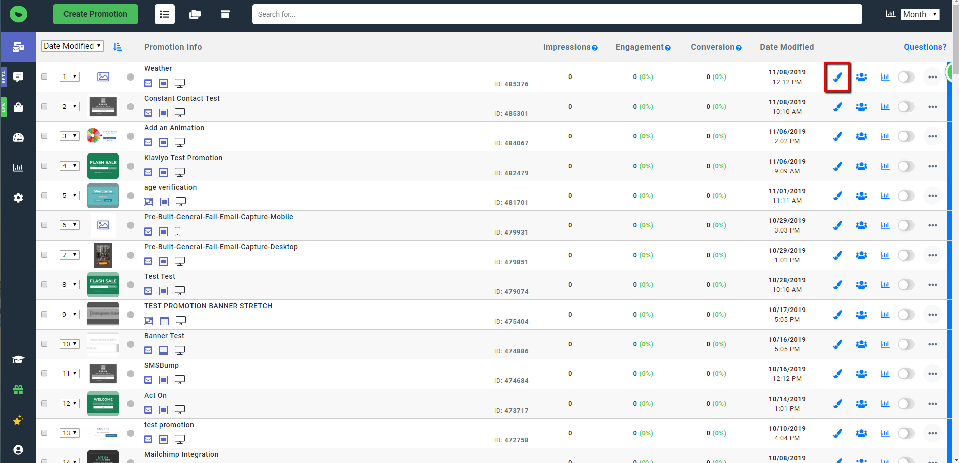 The Justuno promotion dashboard targeting the paintbrush icon of the first promotion 