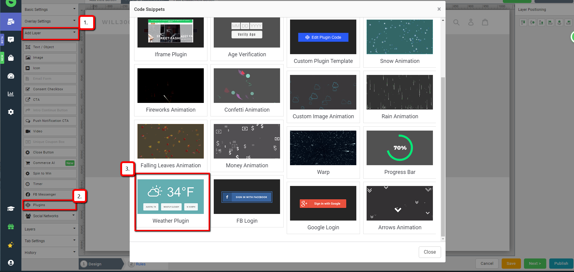 The Justuno plugins modal targeting the Weather plugin