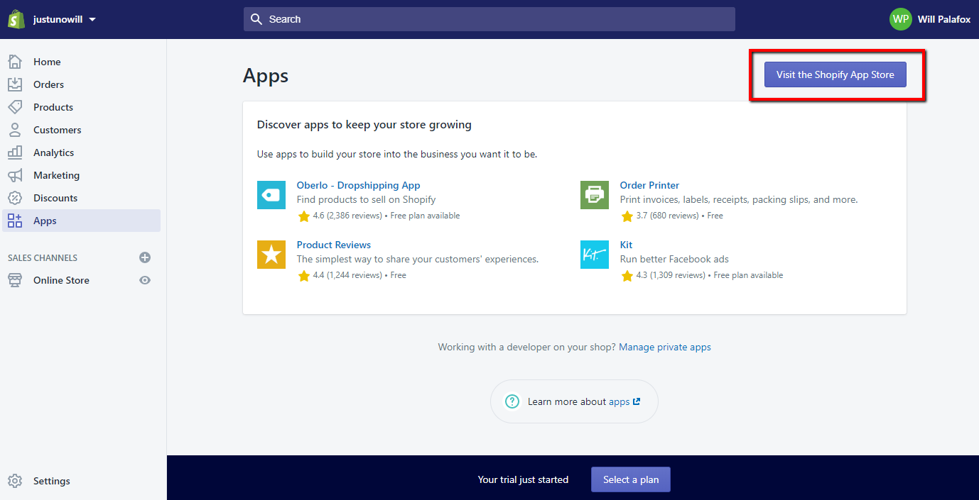 Shopify Dashboard: Visit Shopify App Store