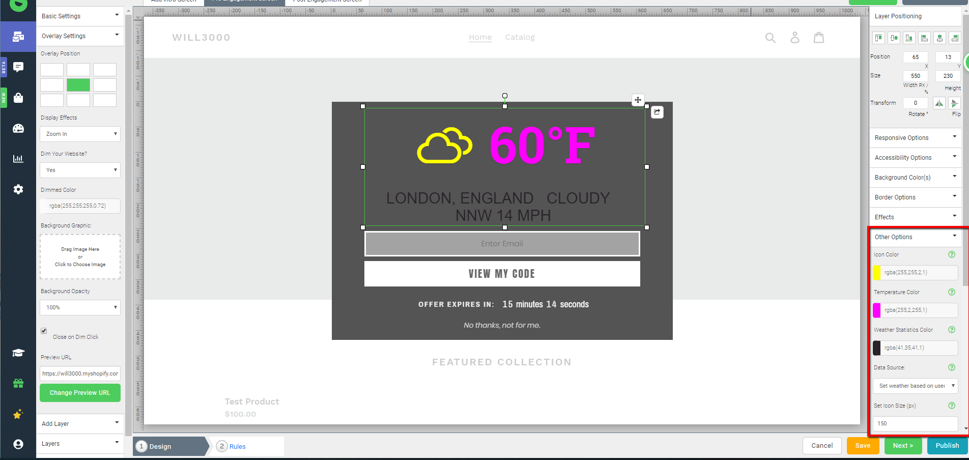 The Justuno design canvas targeting the options panel for the weather plugin