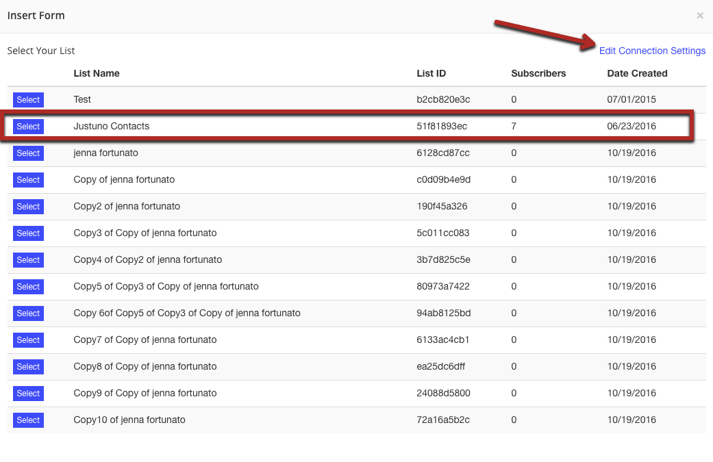 edit connection settings for different mailchimp account