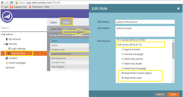 create Justuno API Role