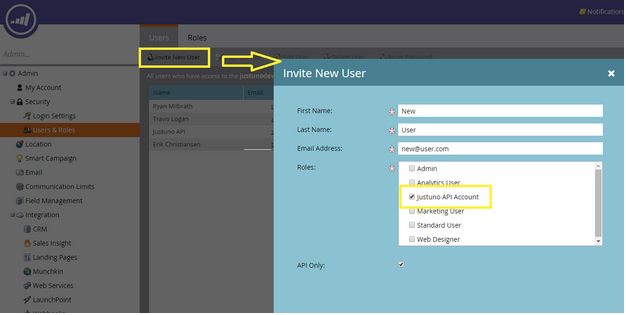 click Justuno API Account