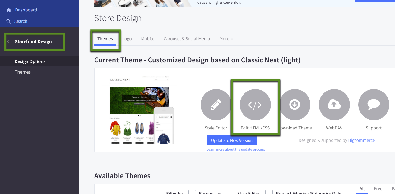 Edit HTML/CSS in themes section